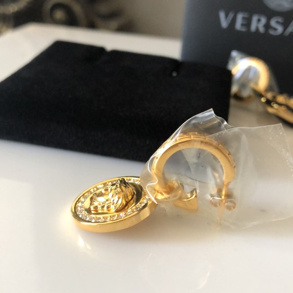 VERSACE Gold tone Greca Medusa Drop Earrings with Crystals - Picture 11 of 15